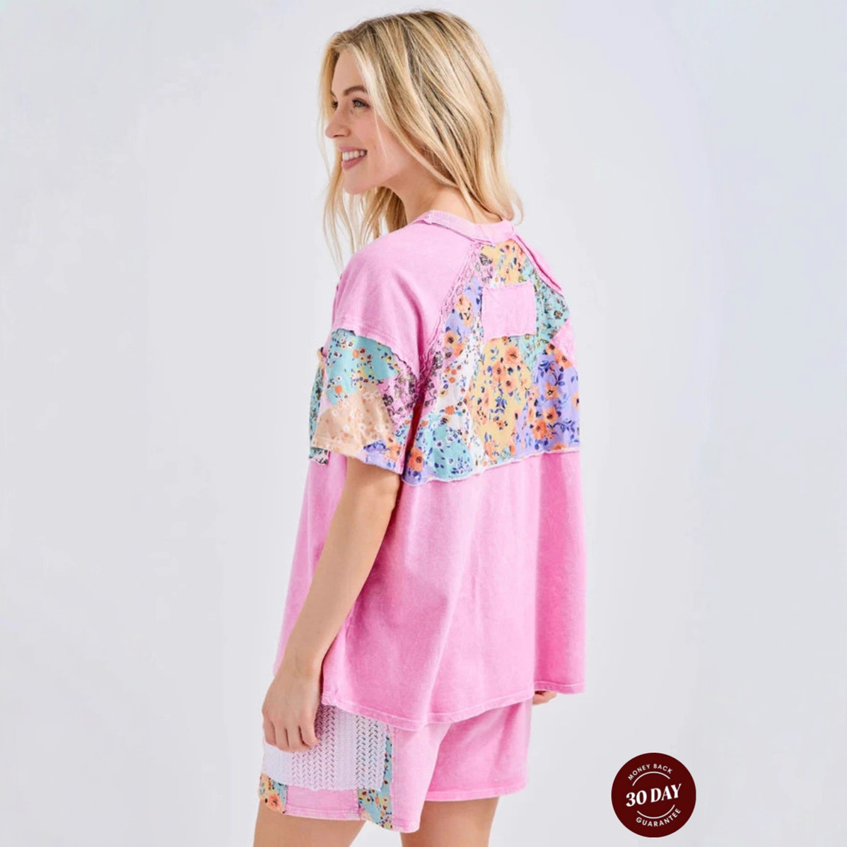 Women's Casual Floral Patchwork Short Sleeve Crew Neck T-Shirt