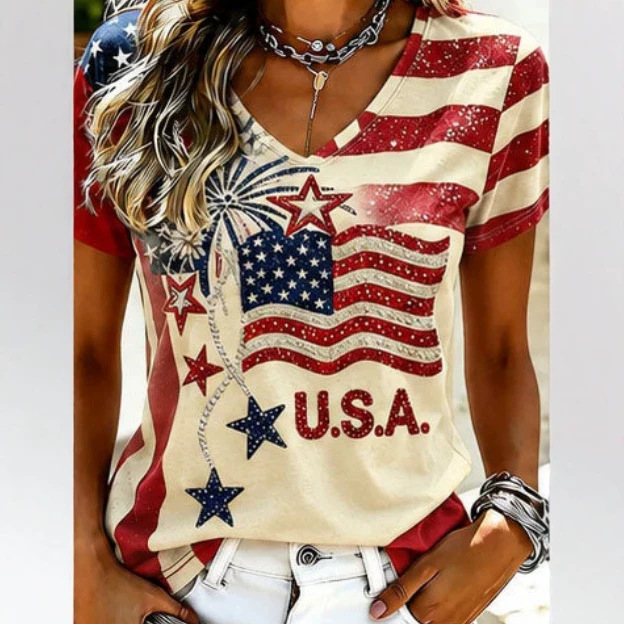 USA Flag 3D Print V-Neck Short Sleeve Women's T-Shirt
