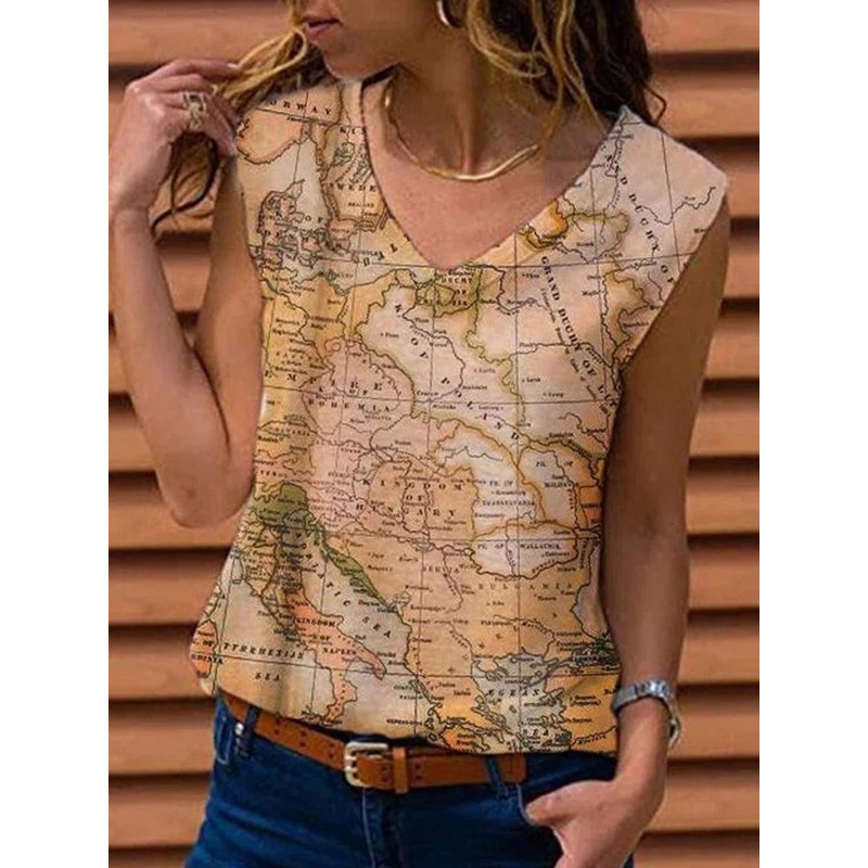 Women's Sleeveless Map Print V-Neck Tank Top