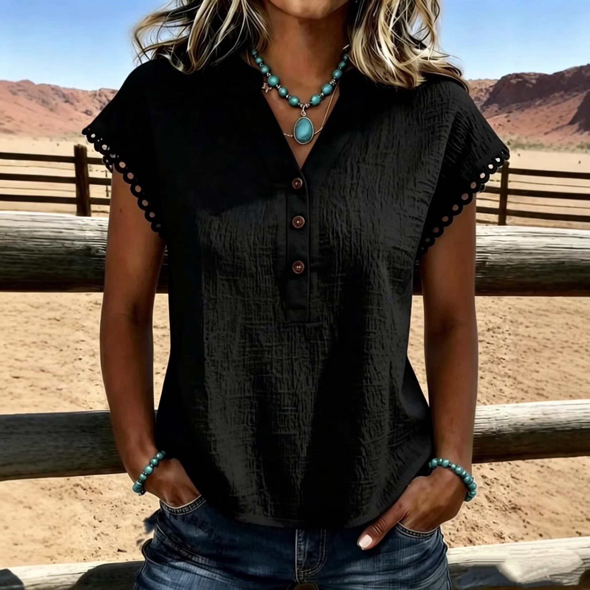 V-Neck Button Lace Trim Batwing Short Sleeve Solid T-Shirt