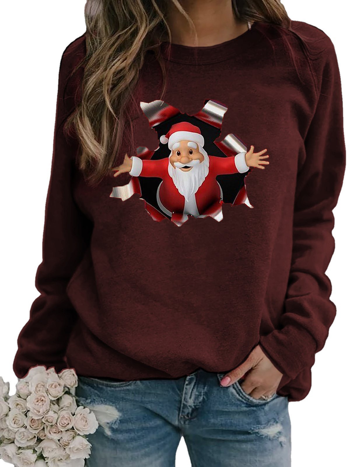 Santa Print Long-Sleeve Crewneck Brushed T-Shirt for Women