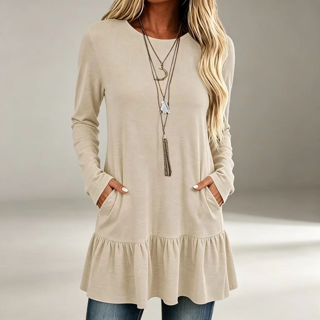 Women's Loose Ruffle Hem Long Sleeve T-Shirt with Pockets