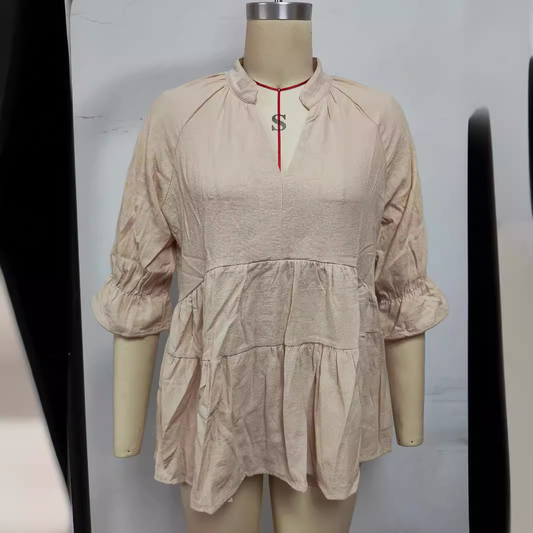 Women's Loose V-Neck Pleated Short Top