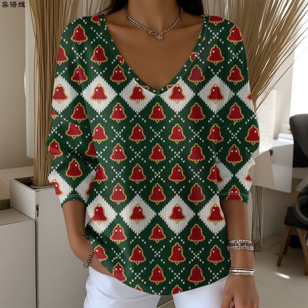 Christmas Snowman Reindeer Bow Print V-Neck Long Sleeve T-Shirt