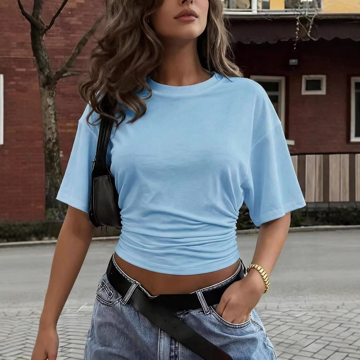 Ruched Solid Crewneck Slim-Fit Short-Sleeve Women's Top