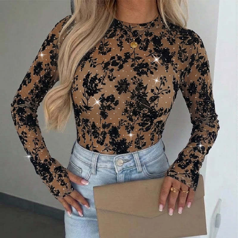Rhinestone Flocked Floral Sheer Mesh Top with Thumbholes