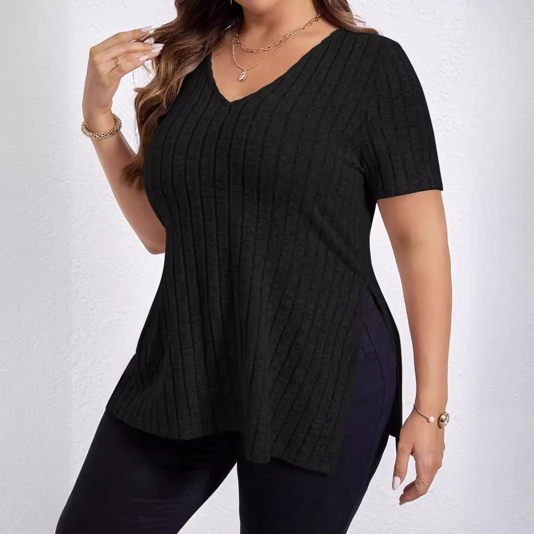 Women's Plus Size Ribbed V-Neck Short Sleeve Split Hem T-Shirt