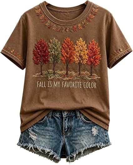 Summer Tree Letter Maple Leaf Print Short Sleeve T-Shirt