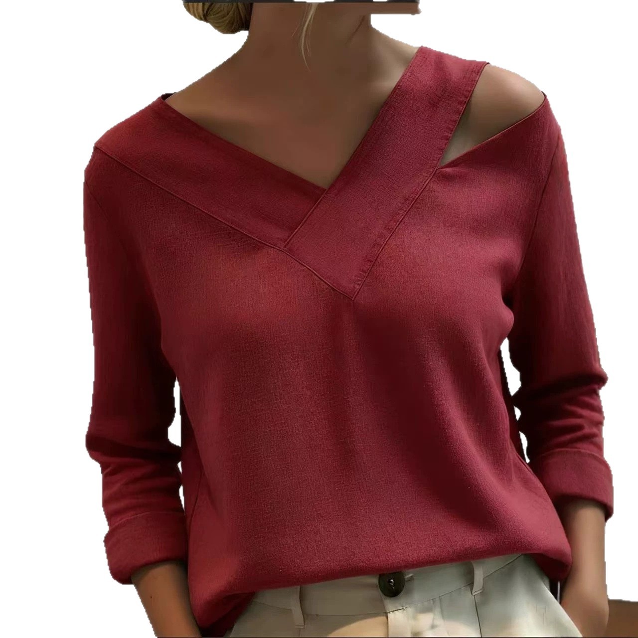 Elegant Off-Shoulder V-Neck Long-Sleeve Solid Top