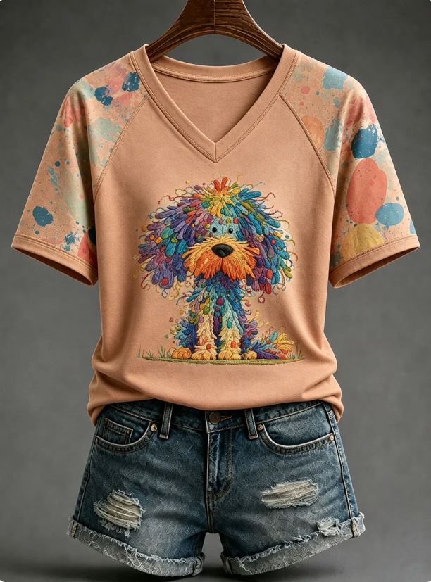 Women's Short Sleeve V-Neck T-Shirt with 3D Dog Print