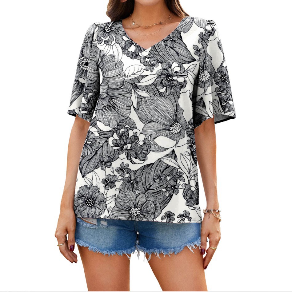 Women's Loose V-Neck Ruffle Sleeve Casual Top