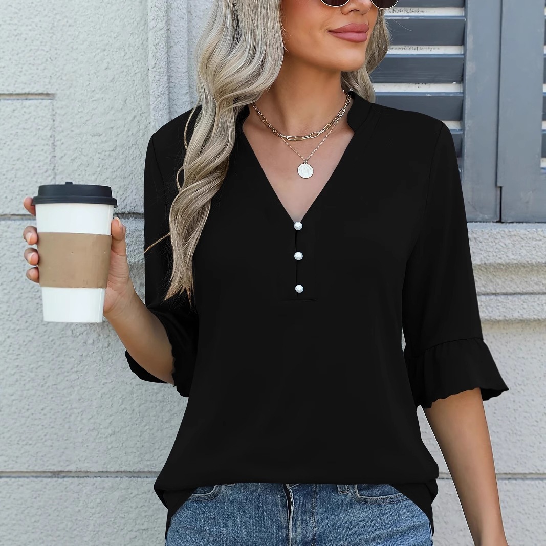 Women's Solid Color V-Neck Mid-Sleeve T-Shirt Top