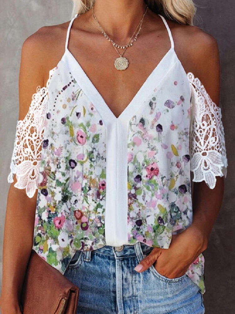 Women's Loose Lace V-Neck Short Sleeve T-Shirt
