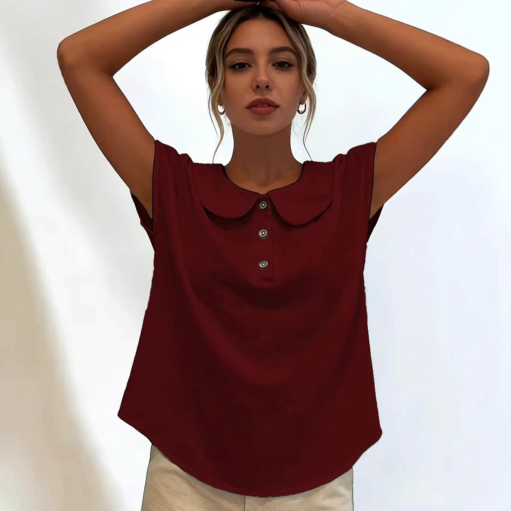 Women's Solid Short Sleeve Button V-Neck Blouse