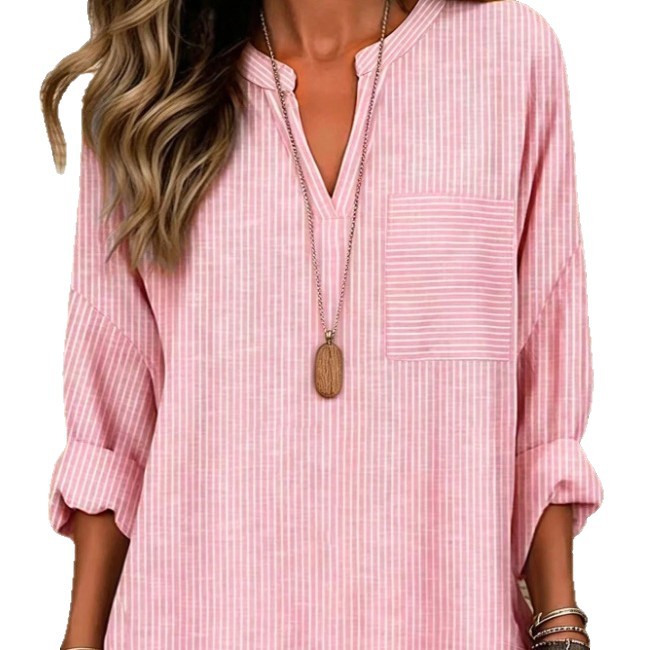 Women's Striped V-Neck Loose Fit Pocket Blouse