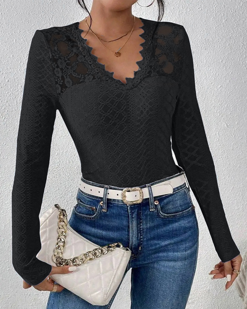 Women's V-Neck Lace Panel Long-Sleeve Top