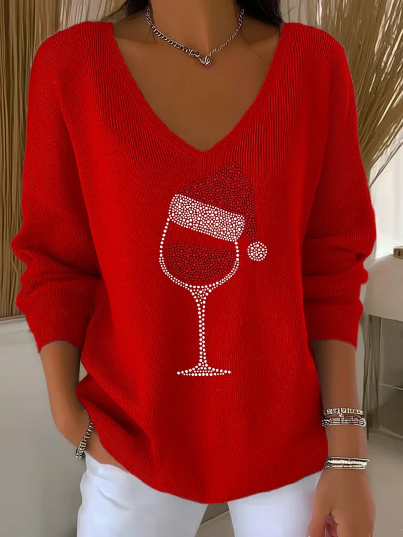 Christmas Tree Ribbon Print V-Neck Long-Sleeve T-Shirt