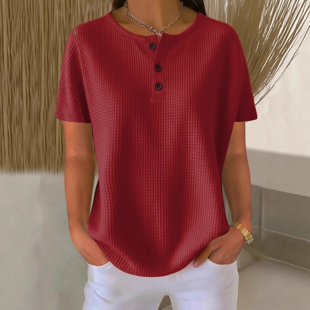 Waffle Knit Crewneck Short Sleeve Pullover Top