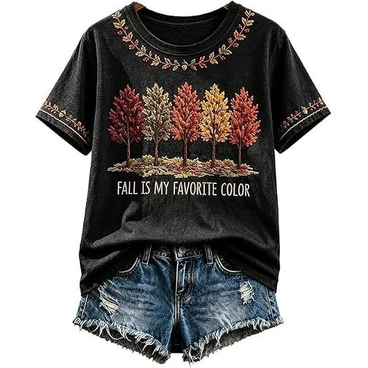 Summer Tree Letter Maple Leaf Print Short Sleeve T-Shirt