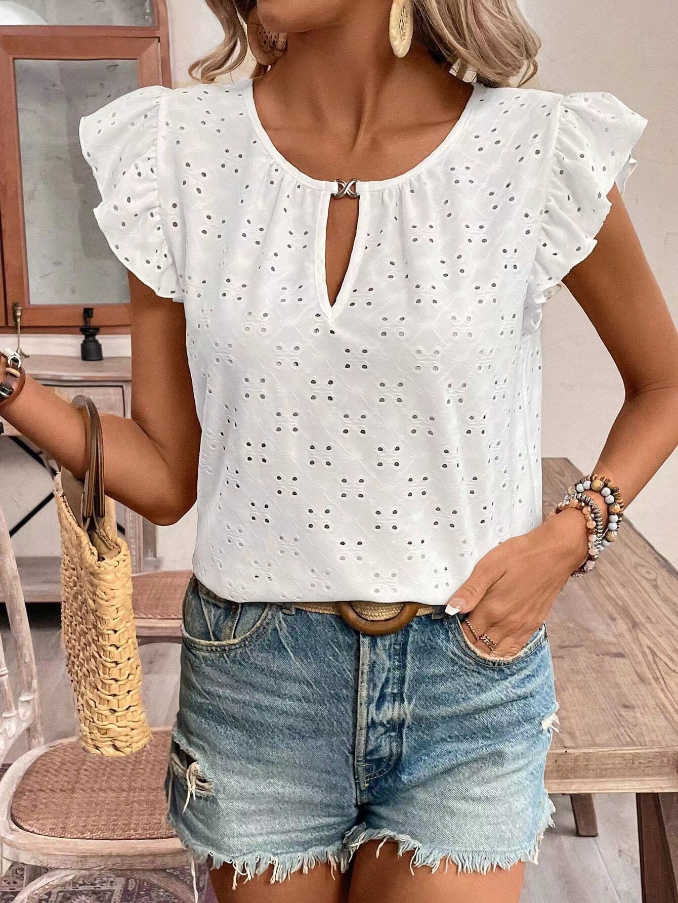 Jacquard V-Neck Ruffle Sleeve Short Sleeve T-Shirt