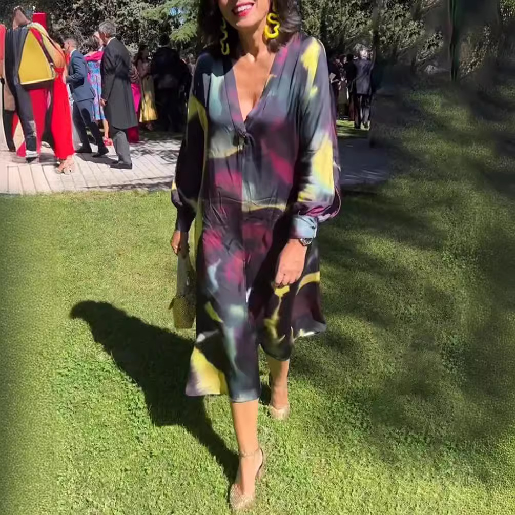 Women's Color-Block Print Deep V-Neck Long Sleeve Maxi Dress