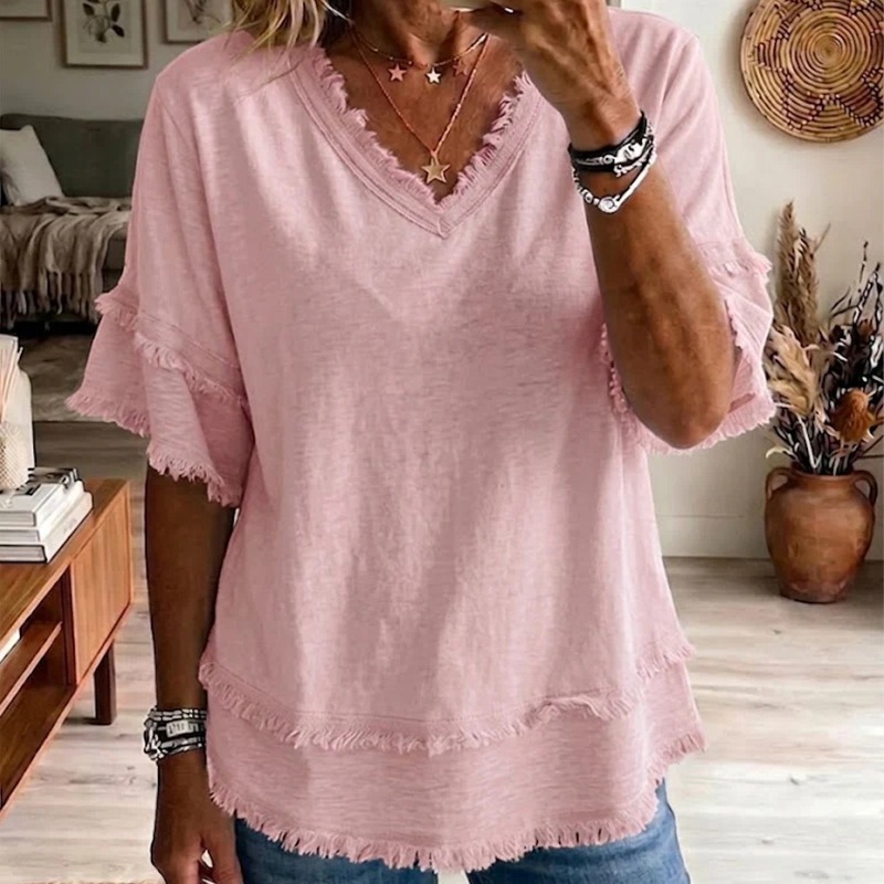 Women's Loose V-Neck Frayed Short-Sleeve T-Shirt Solid Casual Top
