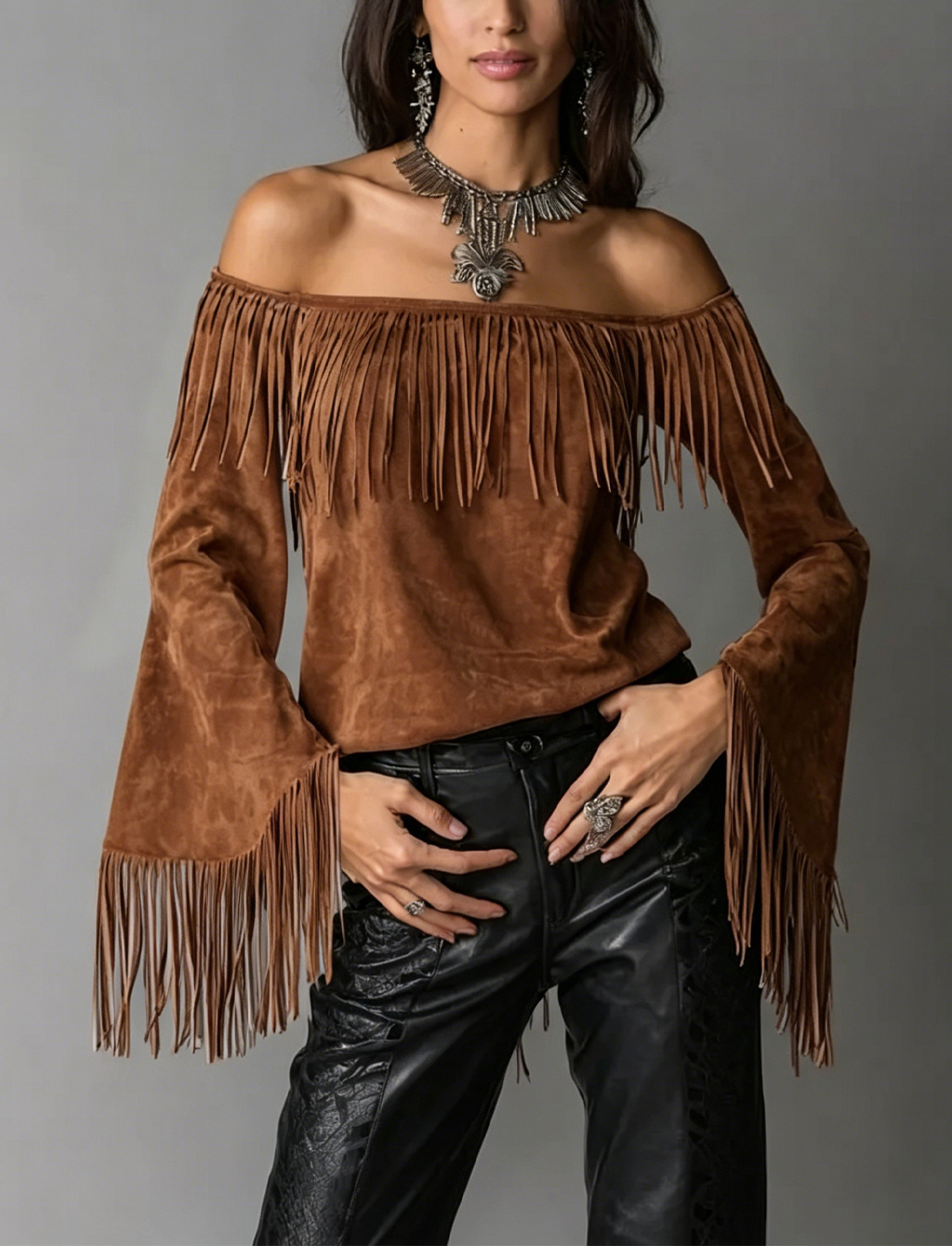 Women's Off-Shoulder Faux Suede Fringe Top with Flared Sleeves