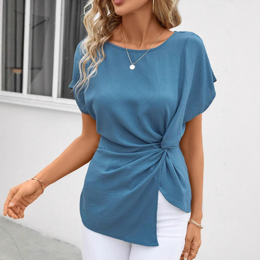 Women's Solid Asymmetric Knotted Short Sleeve T-Shirt