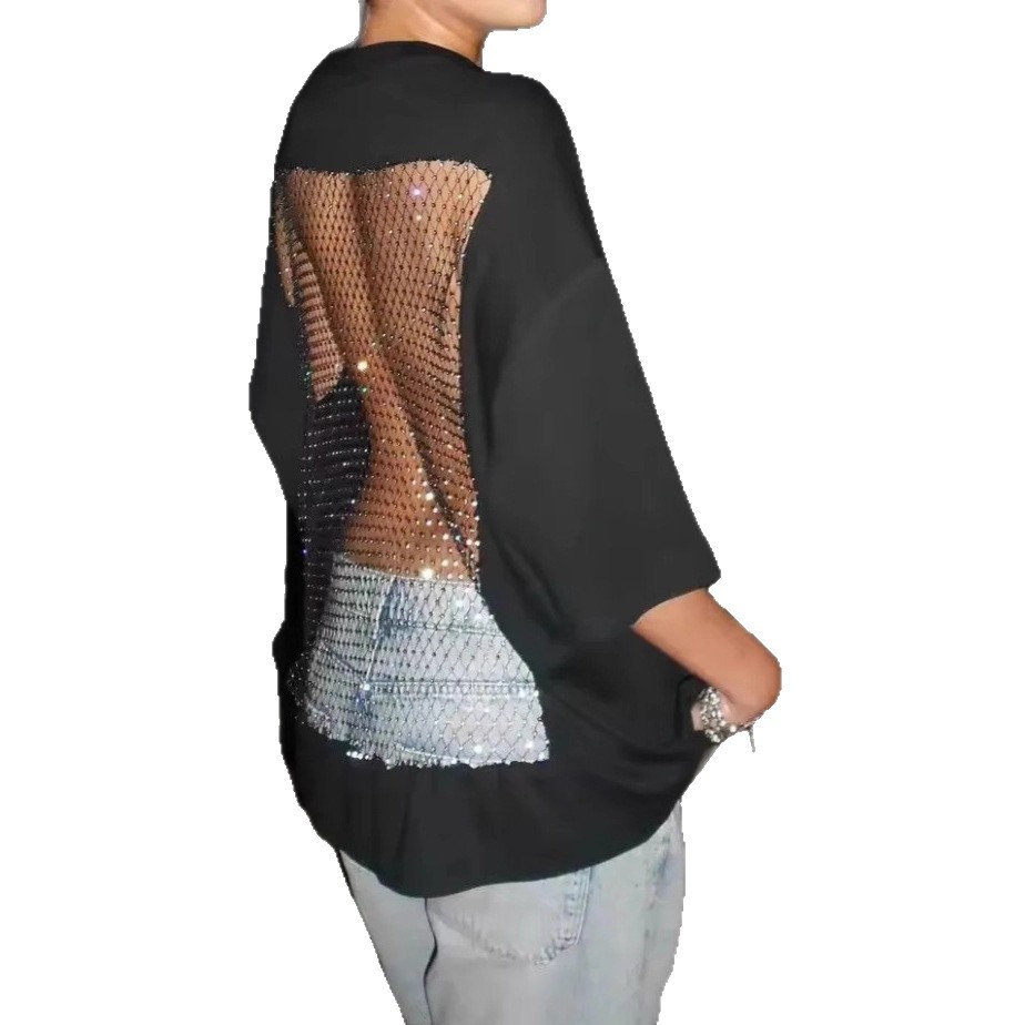 Women's Solid Crewneck Long Sleeve Loose Open Back Mesh Top