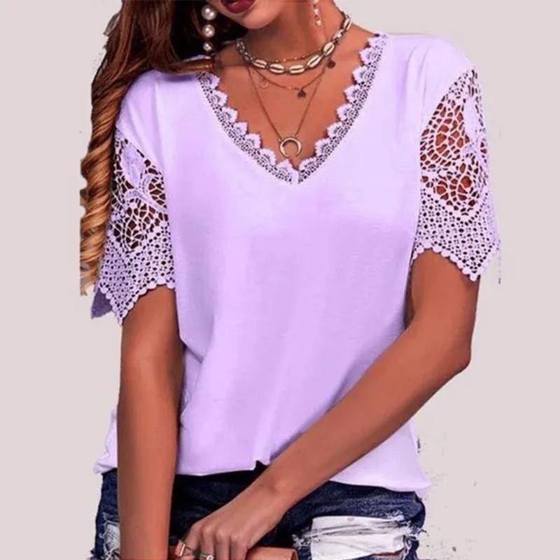 Women's Lace Trim V-Neck Short Sleeve Loose T-Shirt
