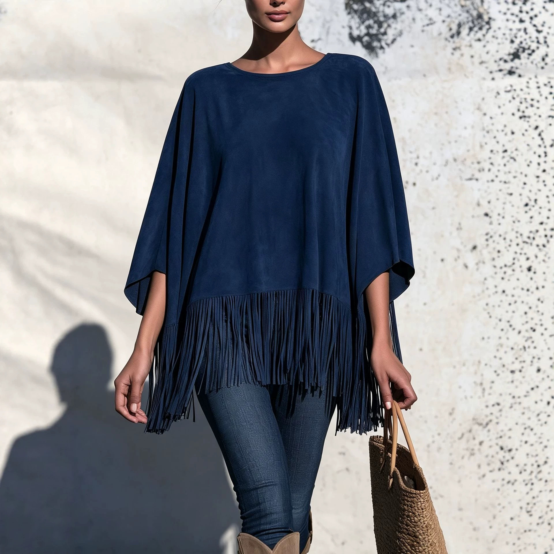 Women's Loose Crewneck Fringe T-Shirt Casual Solid Color