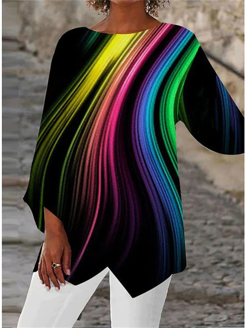 Geometric Floral Print Long Sleeve Patchwork Round Neck Shirt