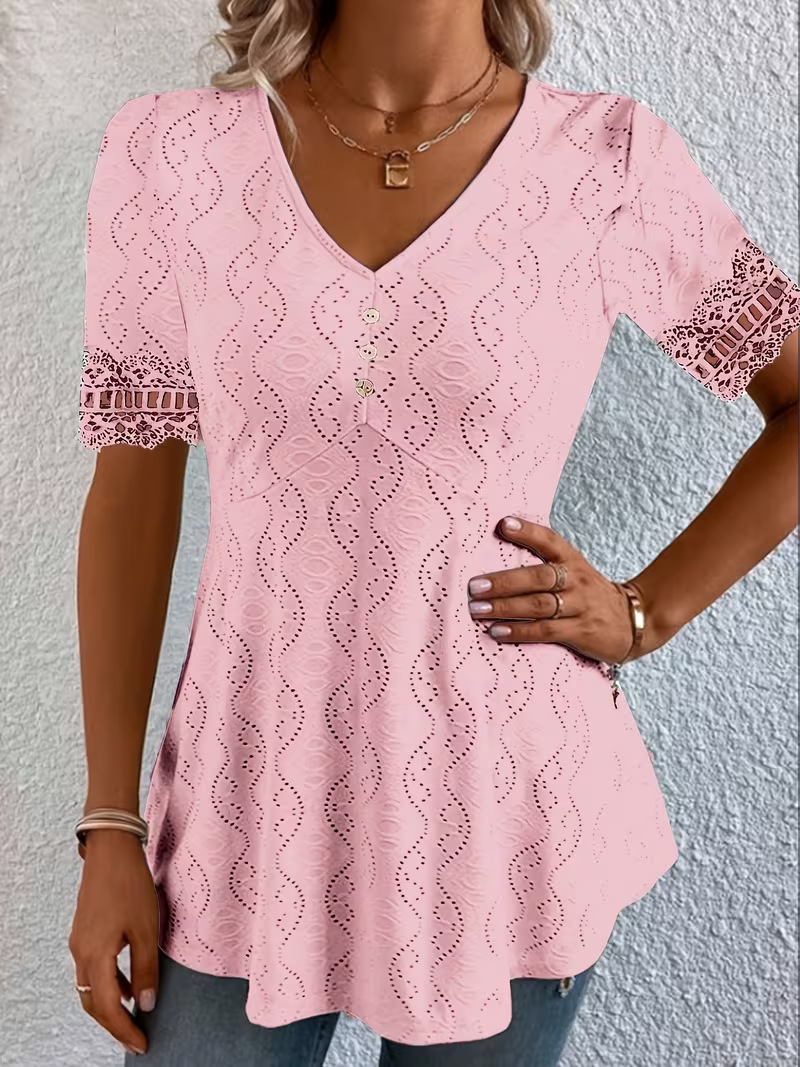V-Neck Jacquard Lace Hollow-Out Waist-Cinched Short Sleeve Top