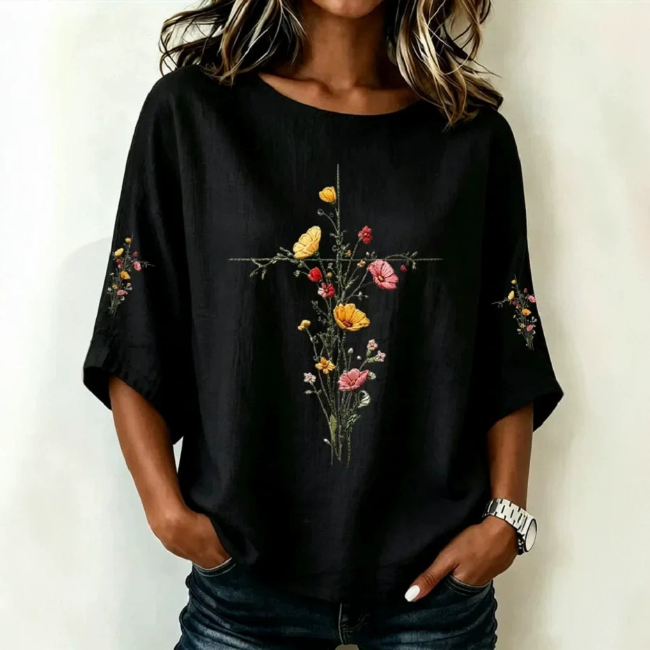 Women's Casual Crewneck 3D Floral Print Mid-Sleeve Top
