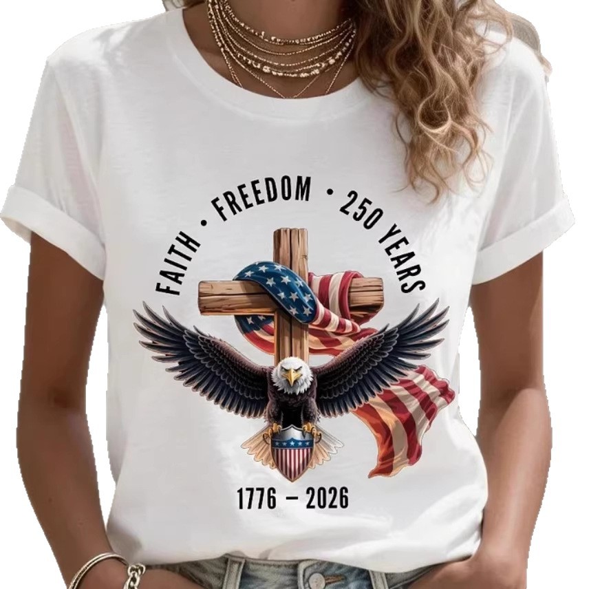 Eagle American Flag Cross Print Crewneck Short Sleeve T-Shirt