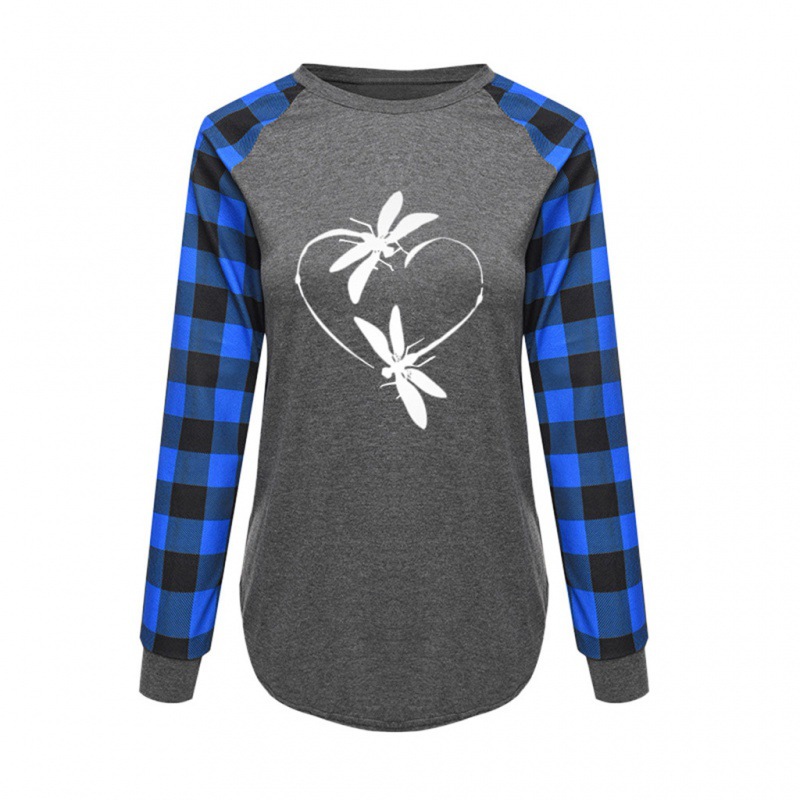 2024 Summer New Cross-Border European and American Women's Clothing Cross-Border European and American Spring and Autumn Plaid Print Round Neck Long Sleeve Top T-Shirt