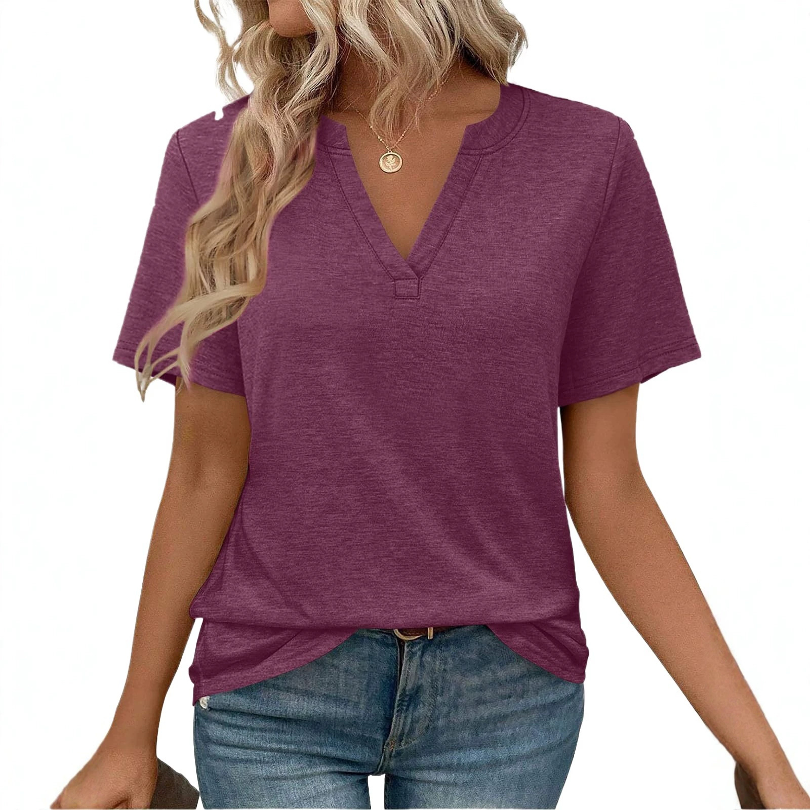 Women's Summer V-Neck Short Sleeve T-Shirt Solid Color Slimming Top