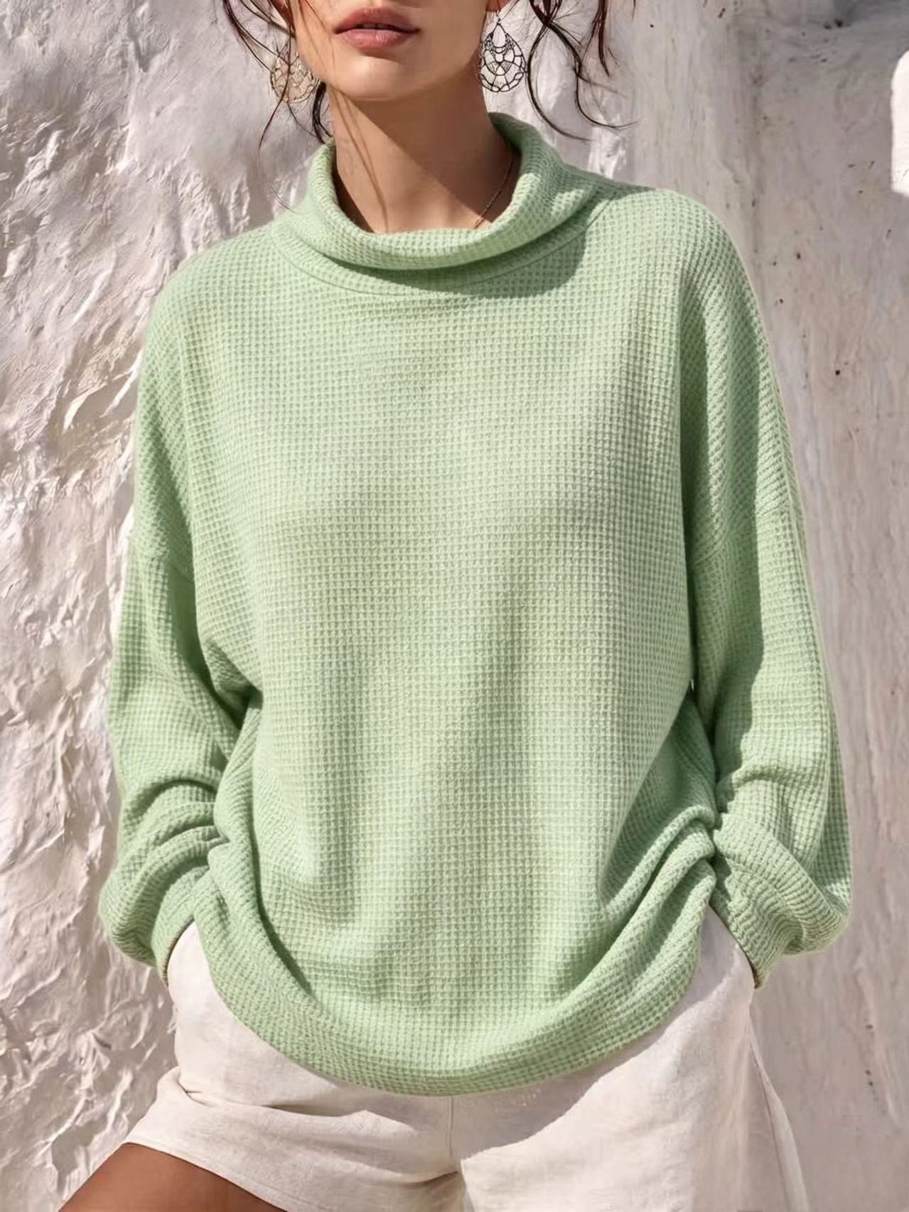 Waffle Knit Long Sleeve Scarf Neck Top Women's Loose Solid Color