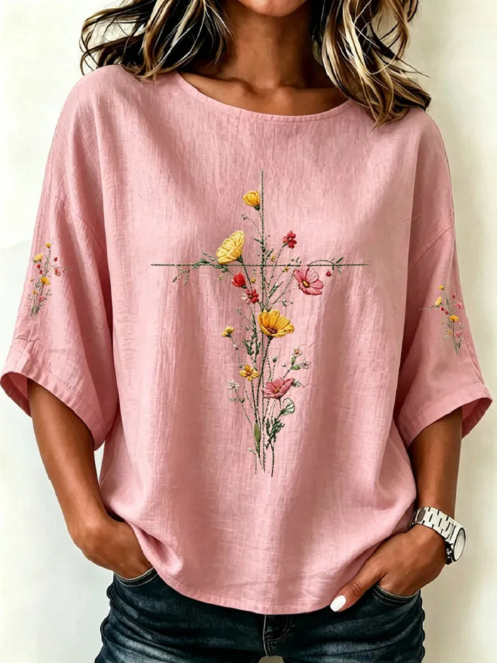 Women's Casual Crewneck 3D Floral Print Mid-Sleeve Top