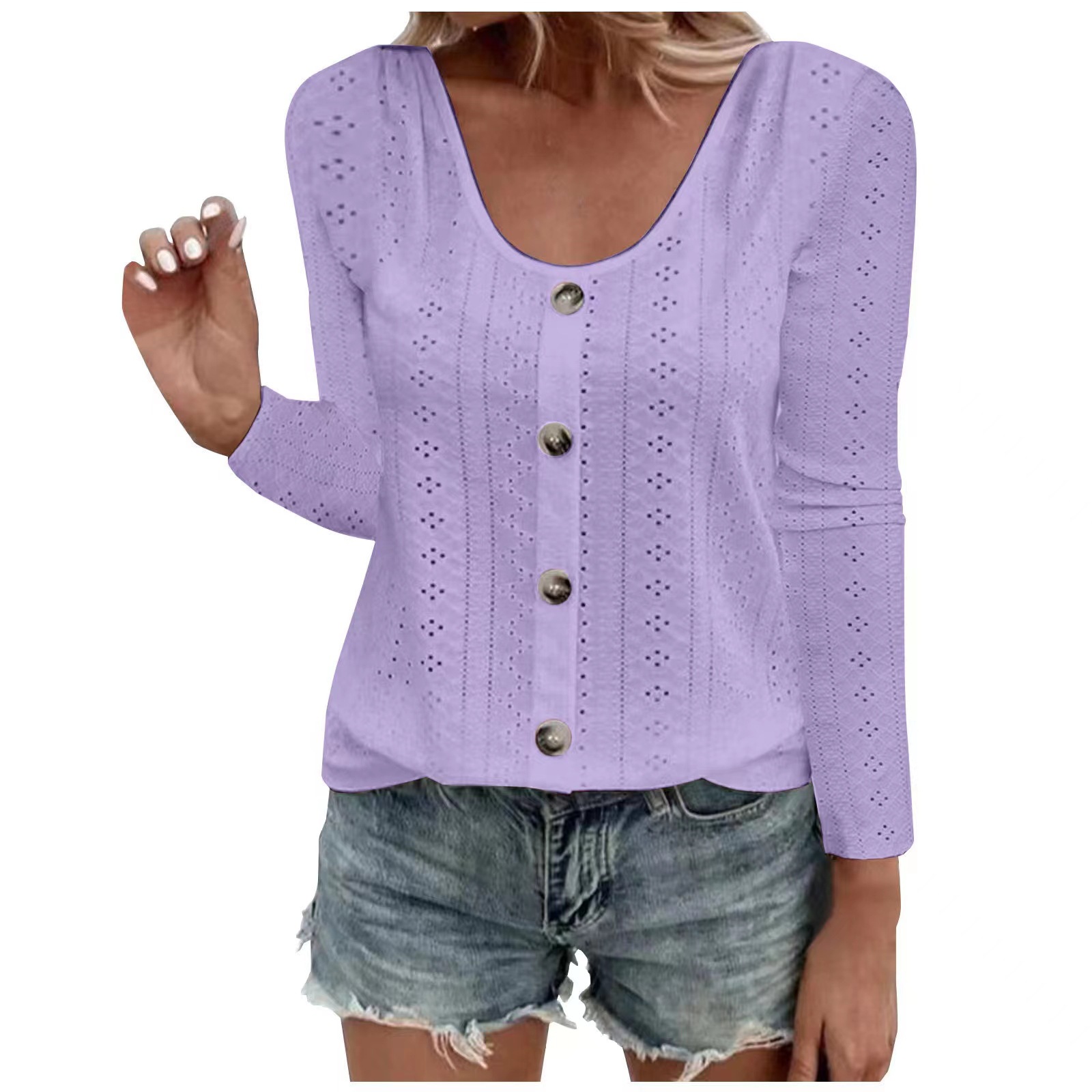 Women's Round Neck Loose Single-Breasted Long-Sleeve Top