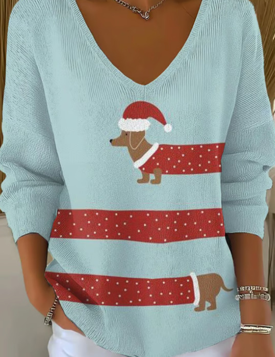 Cute Cartoon Puppy Print V-Neck Long-Sleeve Women's T-Shirt