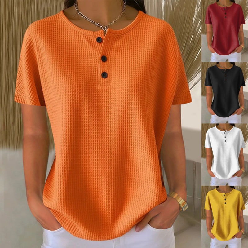 Waffle Knit Crewneck Short Sleeve Pullover Top