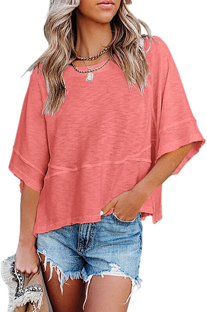 Women's Summer Colorblock Crewneck Bell Sleeve Loose T-Shirt
