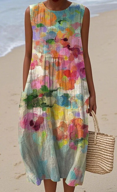 Sleeveless Floral Print Midi Dress Round Neck Slim Fit Fresh Sweet Style