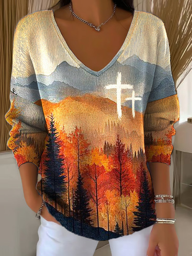 Women's Fruit Letter Valley Print V-Neck Long-Sleeve T-Shirt