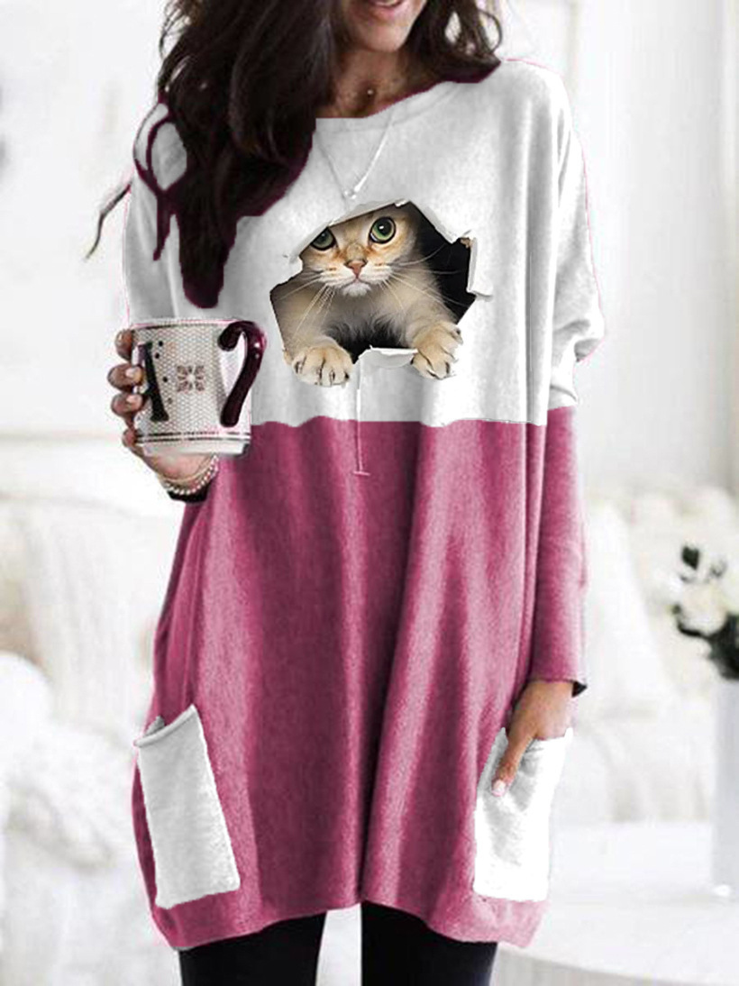 Color Block Cat Print Crewneck Long Sleeve T-Shirt for Women