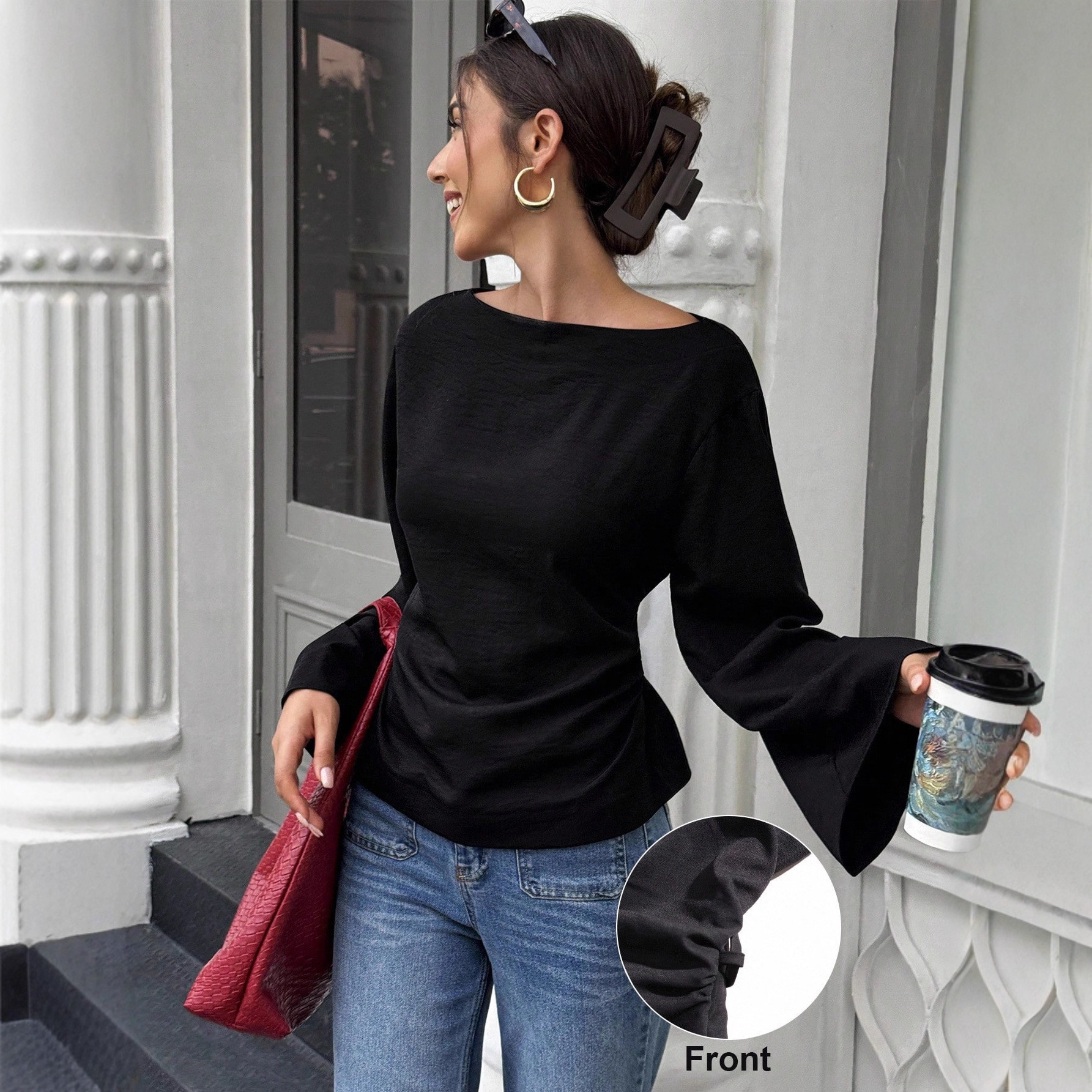 Solid Color Boat Neck Cinched Waist Flare Sleeve Long Sleeve Top