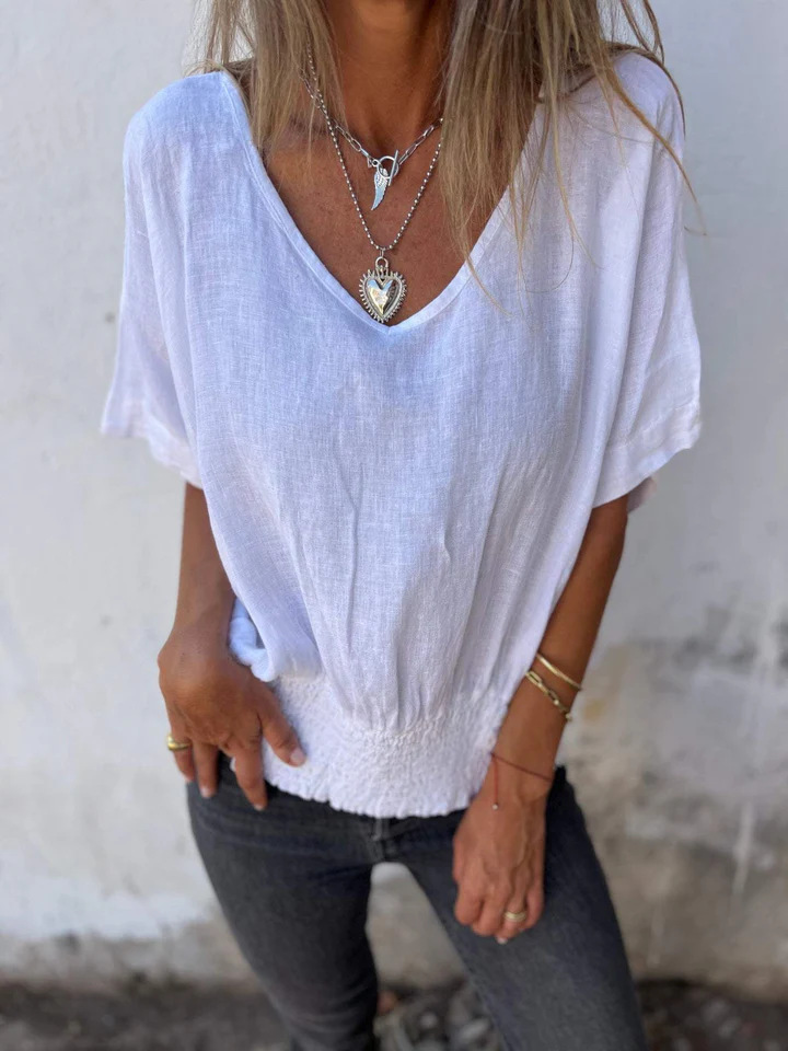 Women's V-Neck Loose Fit Cotton Linen Smocked Top Casual T-Shirt