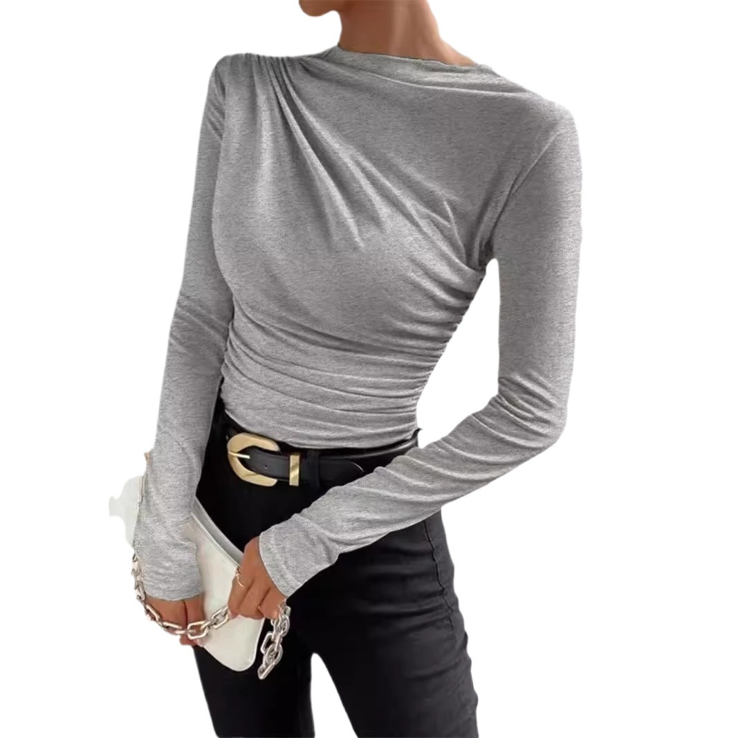 Women's Solid Slim Fit Pleated Long Sleeve T-Shirt