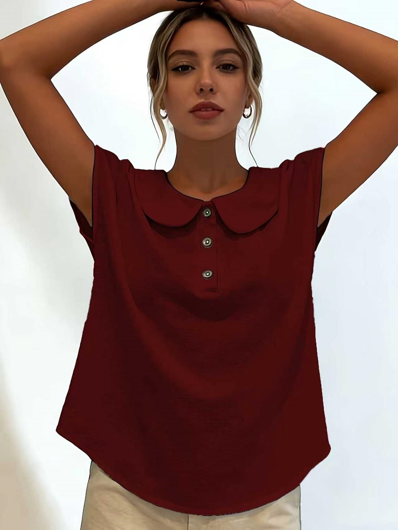 Women's Solid Color Short Sleeve Button V-Neck Blouse
